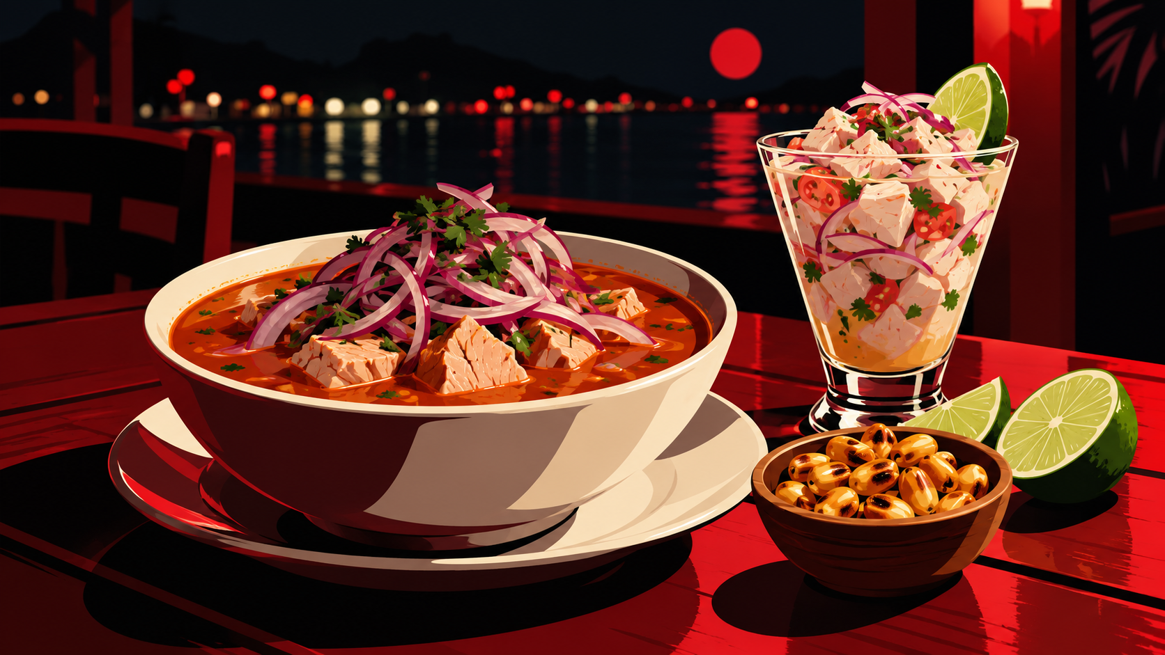 Illustration of an Ecuadorian encebollado bowl beside a ceviche glass in red and cream