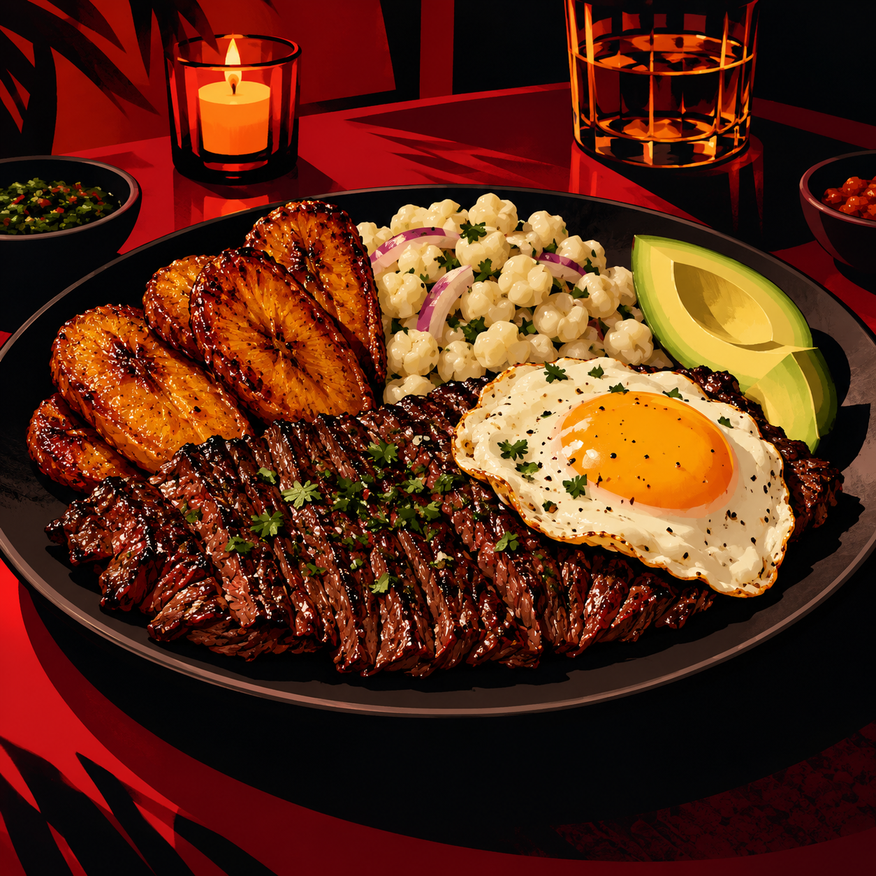 Illustration of grilled skirt steak with fried egg and plantains on a dark plate